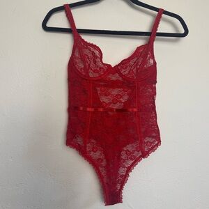 Lipstick Red Romantic Floral Lace Teddy Bodysuit Lingerie